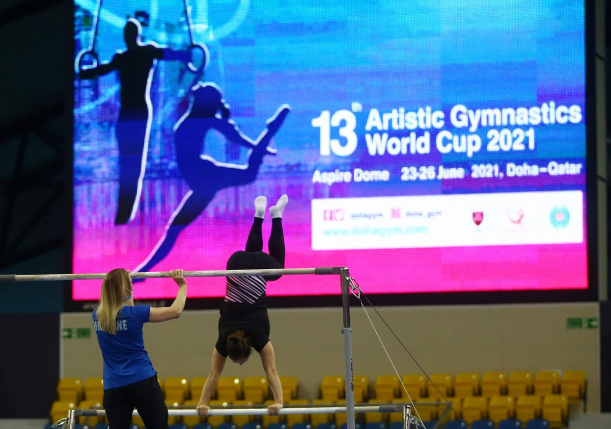 Gymnasts during a training session at Aspire Dome yesterday.