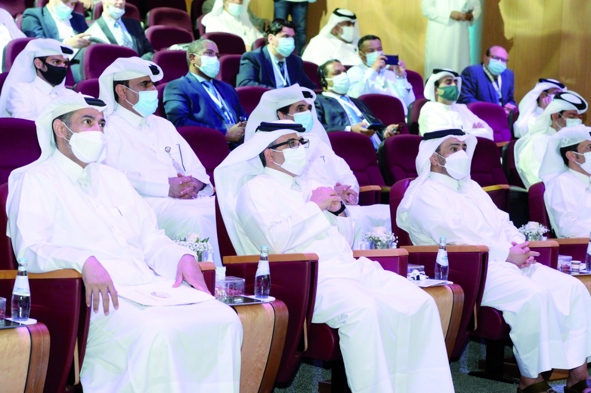 Minister of Municipality and Environment and Acting Minister of State for Cabinet Affairs H E Dr. Abdullah bin Abdulaziz bin Turki Al Subaie with other officials at the Qatar Food System National Dialogue yesterday.