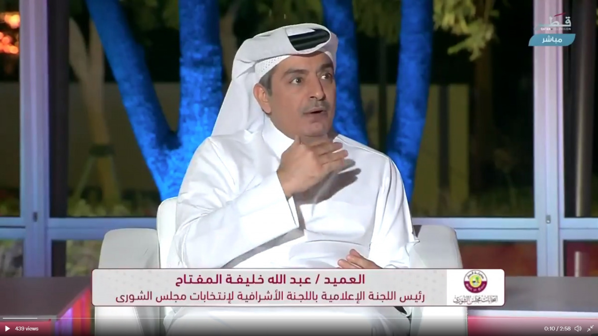 Brigadier Abdullah Khalifa Al Muftah speaking to Qatar TV on Shura Council elections, yesterday.  