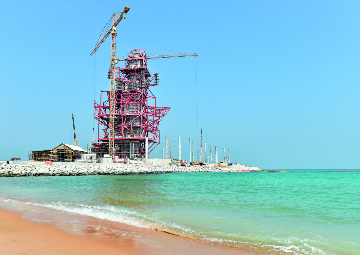 The under-construction Icon Tower is seen at Qetaifan Island North’s Water Park. Pic: Abdul Basit / The Peninsula 