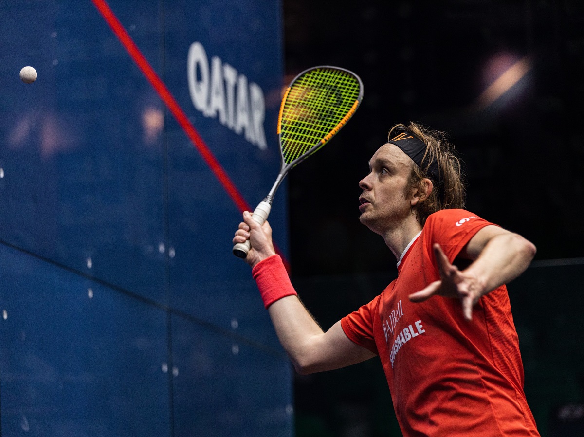 James Willstrop in action against USA's Faraz Khan during their Qatar QTerminals Classic first round match at the Khalifa International Tennis and Squash Complex, yesterday. Pic: Twitter/@PSAWorldTour