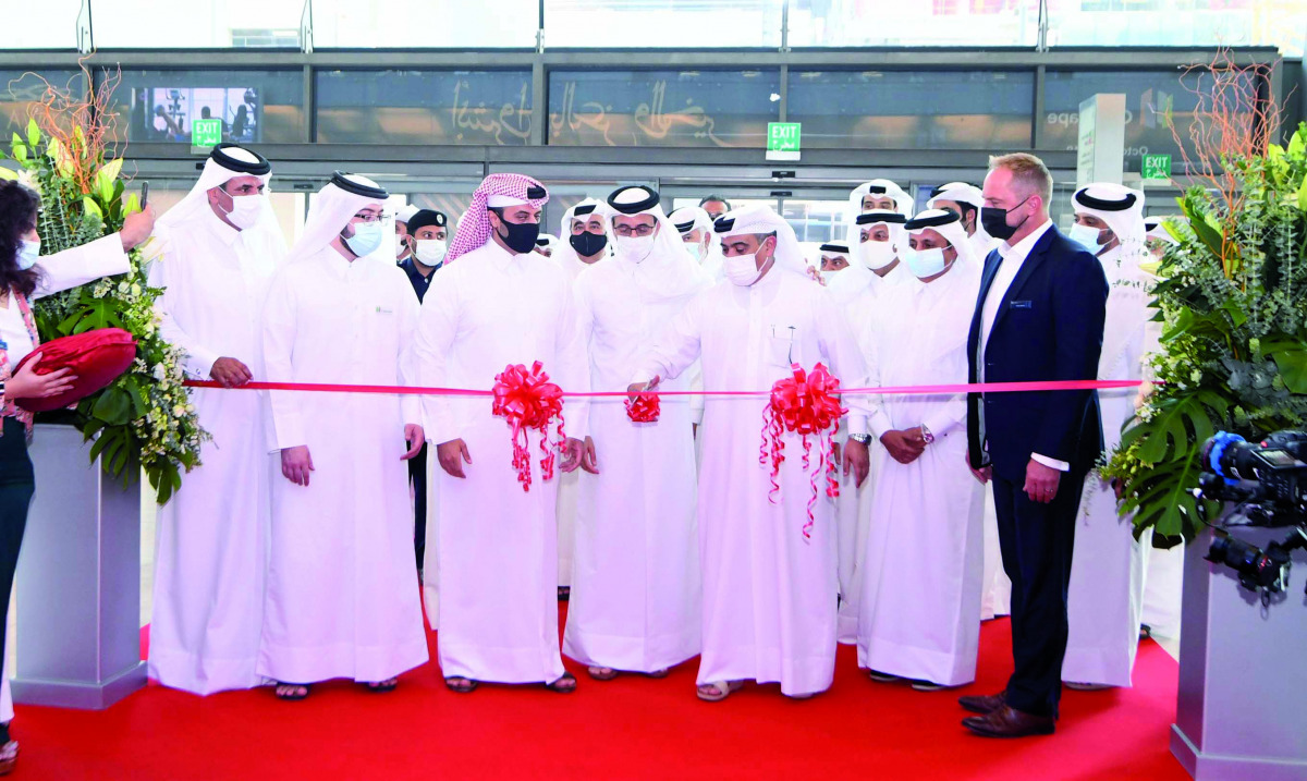 Minister of Commerce and Industry and Acting Minister of Finance H E Ali bin Ahmed Al Kuwari (third right), inaugurates the 9th Cityscape Qatar 2021, as other officials look on, at the Doha Exhibition and Convention Center (DECC), yesterday. PIC: AMR DIAB