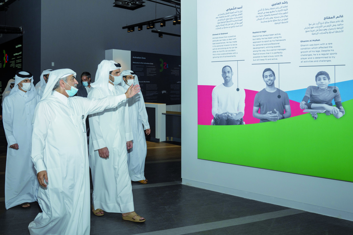 President of Qatar Olympic Committee (QOC) H E Sheikh Joaan bin Hamad Al Thani with officials during a visit to the Qatar Olympic and Sports Museum.