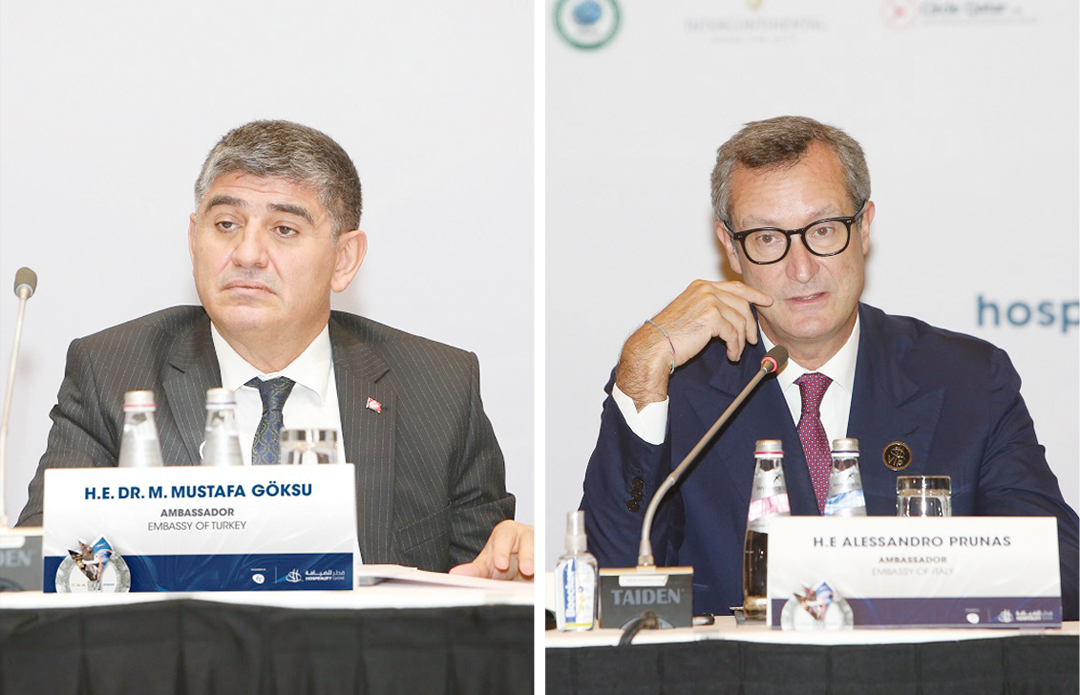 Turkish Ambassador to Qatar Dr. Mustafa Göksu (left), and Italy’s Ambassador Alessandro Prunas speaking to media in Doha, yesterday.