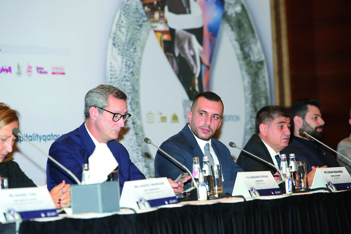 H E Alessandro Prunas, Italy’s Ambassador to Qatar, H E Dr. M. Mustafa Göksu, Turkey’s Ambassador to Qatar, Haidar Mshaimesh, General Manager of IFP Qatar, and other officials addressing a press conference at the InterContinental Doha The City, yesterday. 