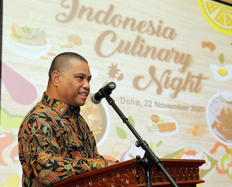 Ambassador of Indonesia, H E Ridwan Hassan, addressing the 'Culinary Night' event, yesterday. Pic: Salim Matramkot/The Peninsula