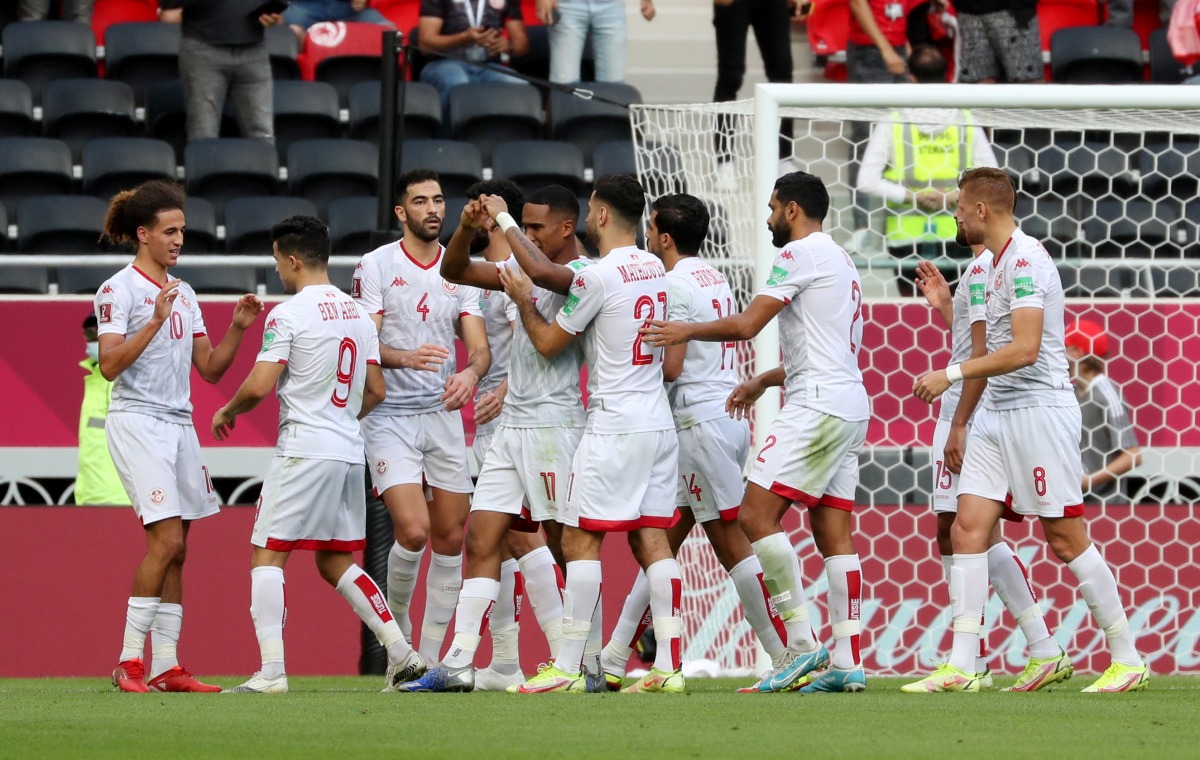 Tunisia's Seifeddine Jaziri celebrates scoring their first goal with teammates Reuters/Suhaib Salem