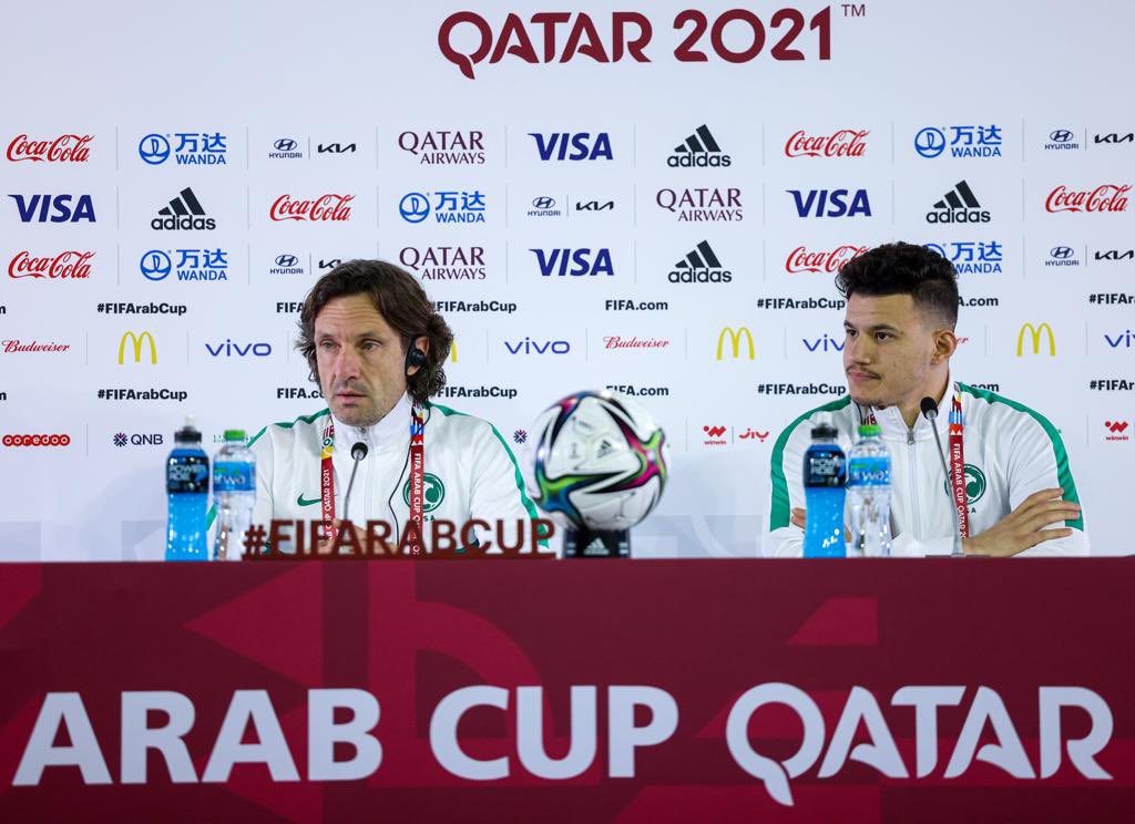 Saudi Arabi's stand-in coach Laurent Bonadei (left) and striker Abdullah Al Hamdan at a press conference yesterday 