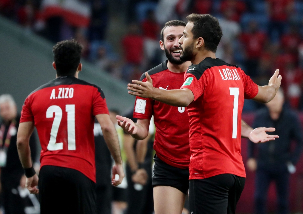 Egypt's Ahmed Refaat celebrates scoring their second goal with teammates REUTERS/Suhaib Salem
