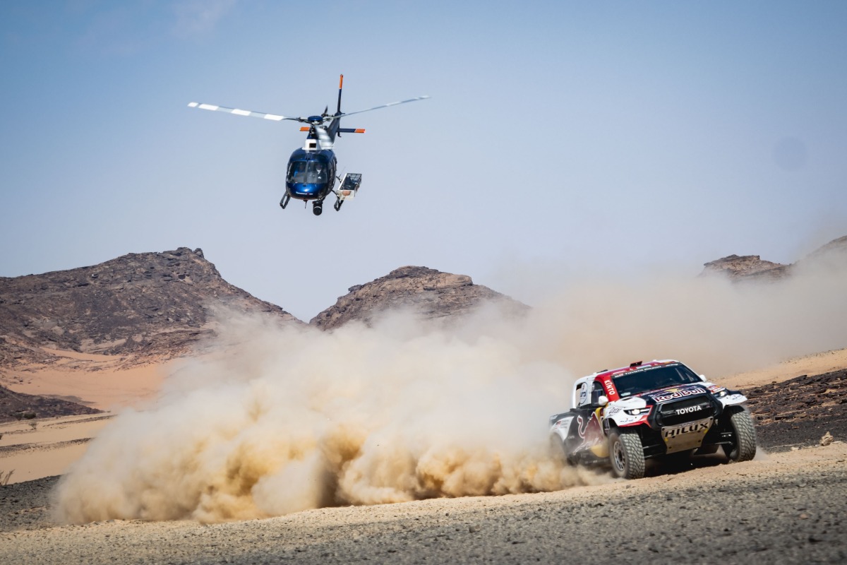 Qatar's Nasser Saleh Al Attiyah of Toyota Gazoo Racing drives during Stage 9 of Dakar Rally around Wadi Ad Dawasir in Saudi Arabia, yesterday.