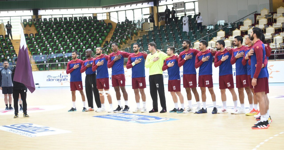 Qatar handball team players prior to the kick off of a match during the Asian Championship in this file photo.