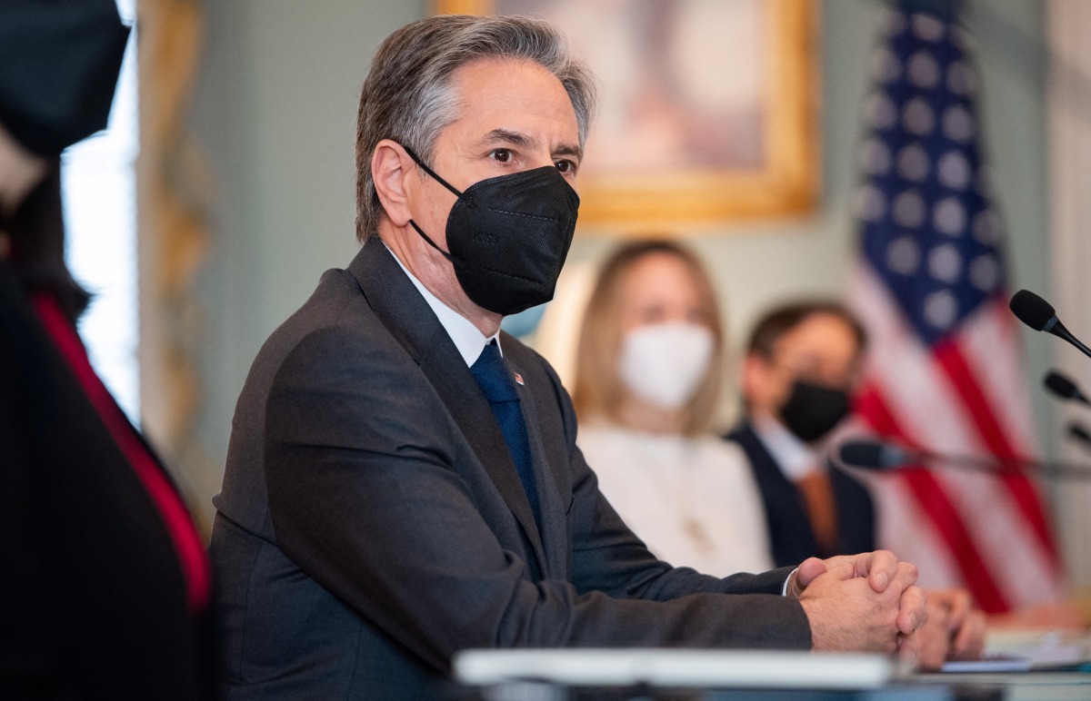 U.S. Secretary of State Antony Blinken speaks during a meeting with Estonian Foreign Minister Eva-Maria Liimets (not pictured) at the State Department in in Washington, U.S., February 16, 2022. Saul Loeb/Pool via REUTERS
