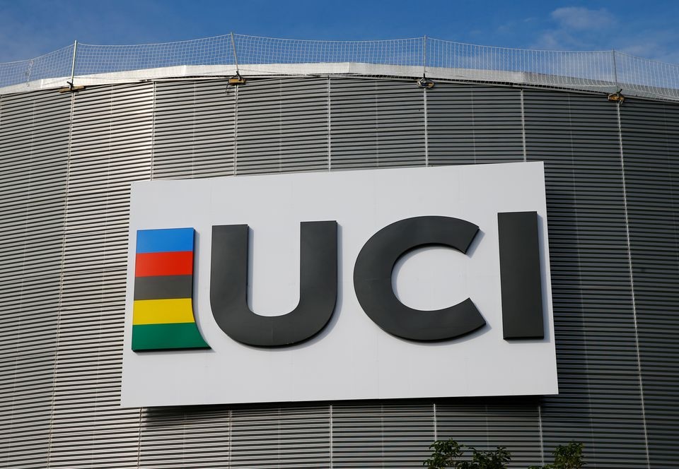 A logo is pictured on the indoor track at the International Cycling Union (UCI) Federation headquarters in Aigle, Switzerland, September 27, 2017. REUTERS/Denis Balibouse

