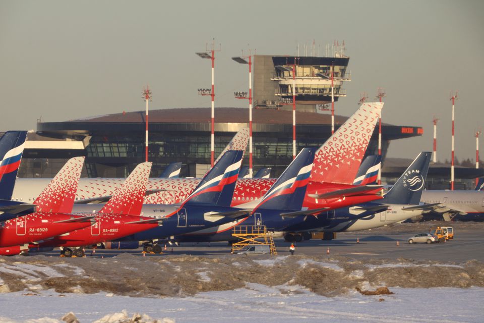 FILE PHOTO: Passenger planes owned by Russia's airlines, including Aeroflot and Rossiya, are parked at Sheremetyevo International Airport in Moscow, Russia March 1, 2022. REUTERS/Marina Lystseva
