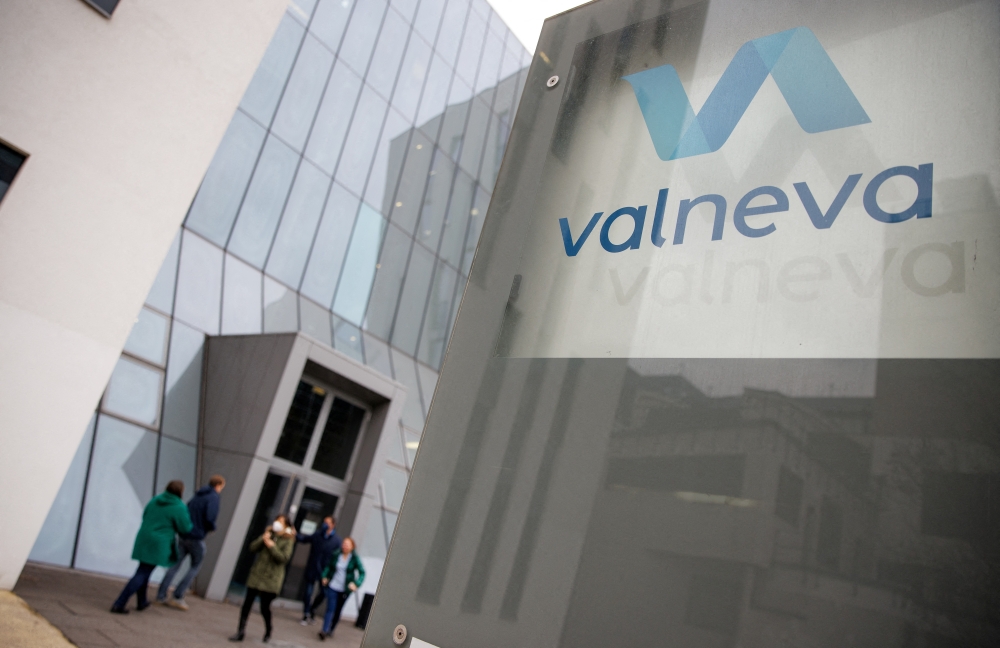 The logo of French-Austrian biotech firm Valneva is seen outside their headquarters in Vienna, Austria, December 16, 2021. REUTERS/Lisi Niesner/File Photo