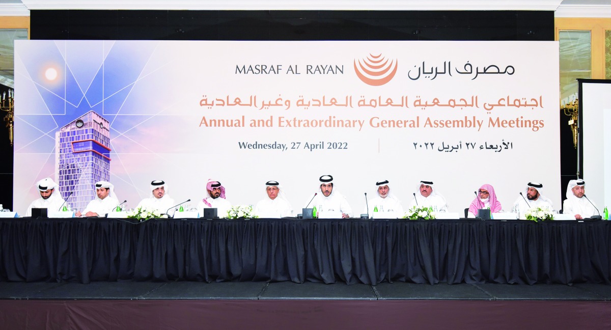 Chairman of the Board H E Sheikh Mohamed bin Hamad bin Qassim Al Thani (middle) and other officials during the meeting. 