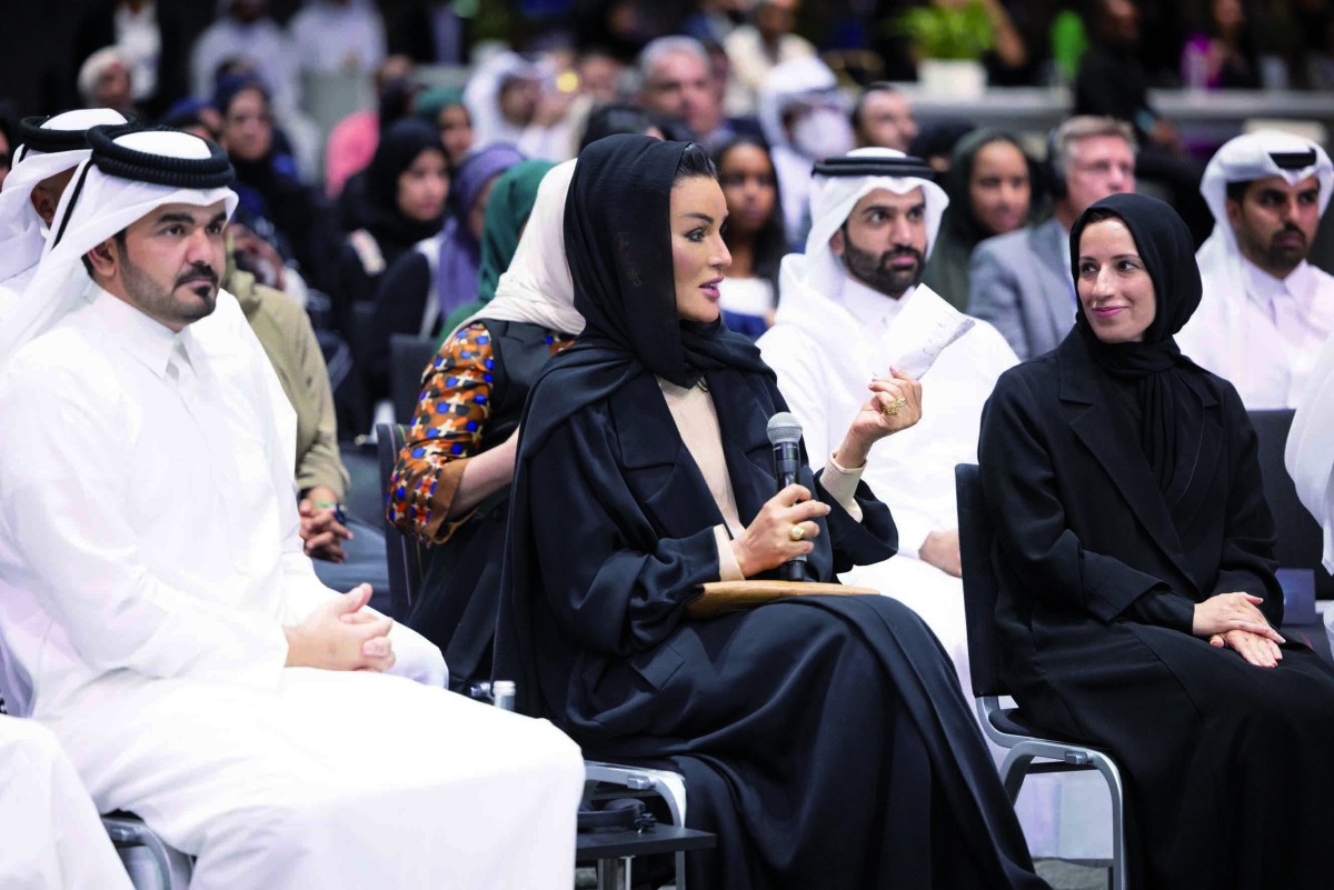 Chairperson of Qatar Foundation, H H Sheikha Moza bint Nasser, Minister of Education and Higher Education, H E Buthaina bint Ali Al Jabr Al Nuaimi, and H E Sheikh Joaan bin Hamad Al Thani, at the QF alumni reunion at Education City, yesterday. (PIC: AR Al Baker) 