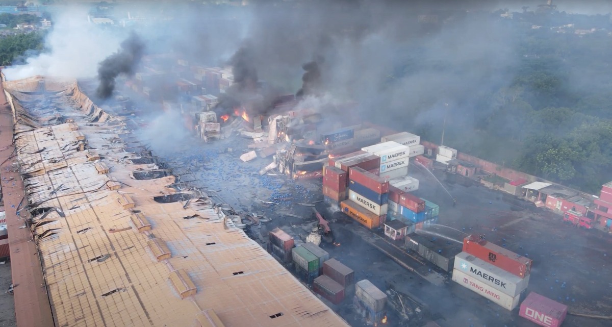 Drone footage shows smoke rising from the spot after a massive fire broke out in an inland container depot at Sitakunda, near the port city Chittagong, Bangladesh, June 5, 2022 in this still image obtained from a handout video. Al Mahmud BS/Handout via REUTERS