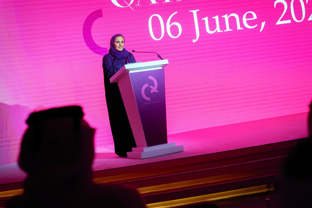 H E Sheikha Al Mayassa bint Hamad bin Khalifa Al Thani, Chairperson of Qatar Museums, speaking at the Qatar Creates press launch held at M7, Msheireb Downtown Doha, yesterday.