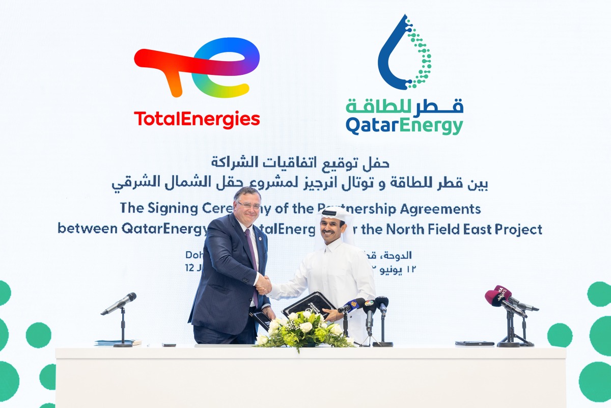 Minister of State for Energy Affairs, the President and CEO of QatarEnergy H E Saad Sherida Al Kaabi, with the Chairman of the Board and Chief Executive Officer of TotalEnergies Patrick Pouyanné, during a press conference in Doha, yesterday.   