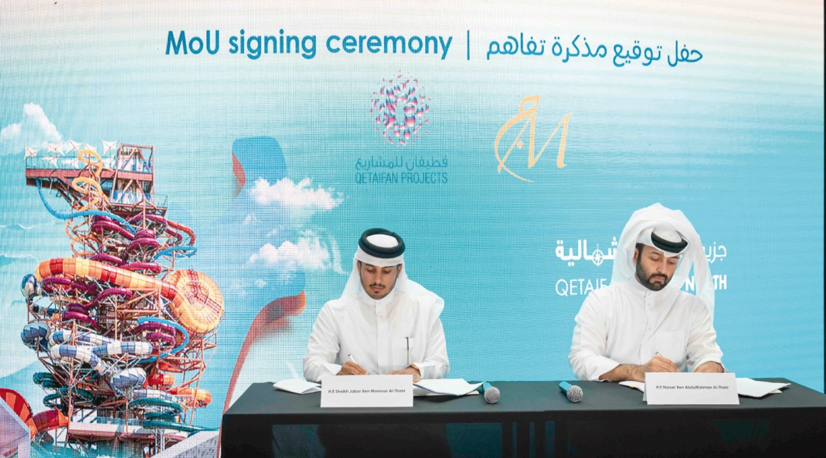 Sheikh Nasser bin Abdulrahman Al Thani, Managing Director of Qetaifan Projects and Sheikh Jabor bin Mansour Al Thani, Chairman and Founder of JMJ Properties, during the agreement signing ceremony, at Cityscape Qatar 2022 