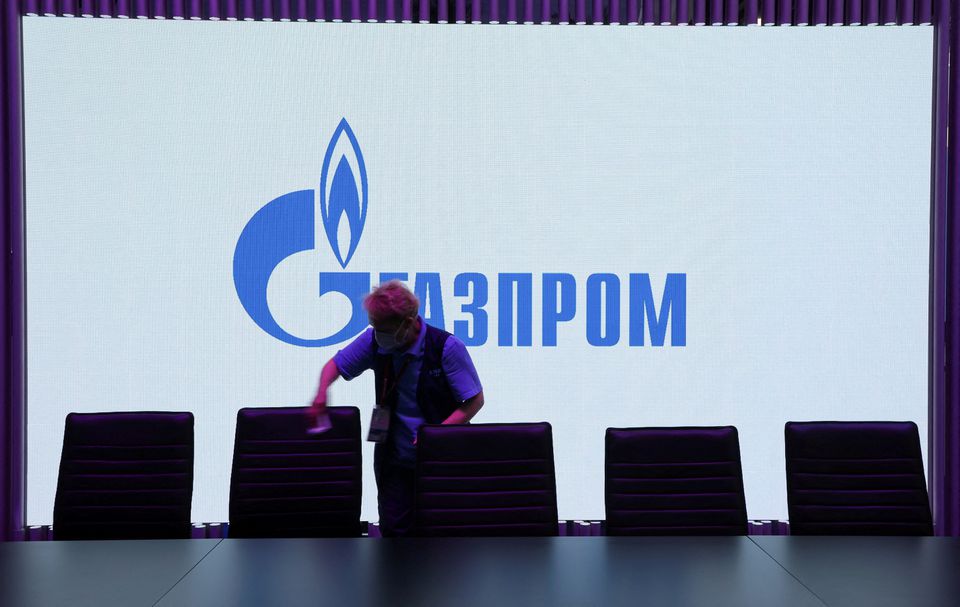 A view shows a screen with the logo of Gazprom at the St. Petersburg International Economic Forum (SPIEF) in Saint Petersburg, Russia June 17, 2022. REUTERS/Anton Vaganov/