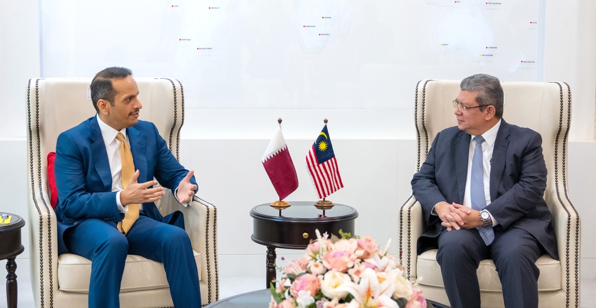 Deputy Prime Minister and Minister of Foreign Affairs H E Sheikh Mohammed bin Abdulrahman Al Thani meeting Minister of Foreign Affairs of Malaysia H E Saifuddin Abdullah, in Putrajaya, Malaysia, yesterday. 