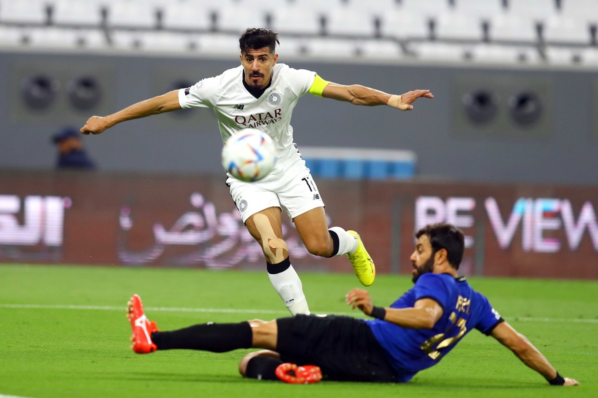 Al Sadd's Baghdad Bounedjah shoots at the goal during yesterday's match. Pic: Mohammed Farag