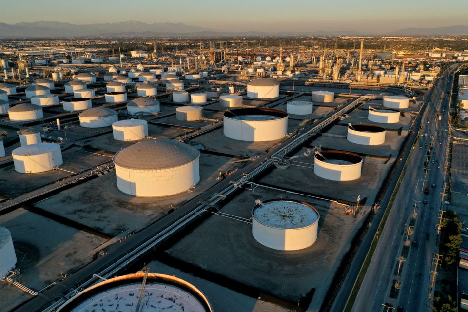 Storage tanks are seen at Marathon Petroleum's Los Angeles Refinery, which processes domestic & imported crude oil into California Air Resources Board (CARB), gasoline, diesel fuel, and other petroleum products, in Carson, California, U.S., March 11, 2022. REUTERS/Bing Guan