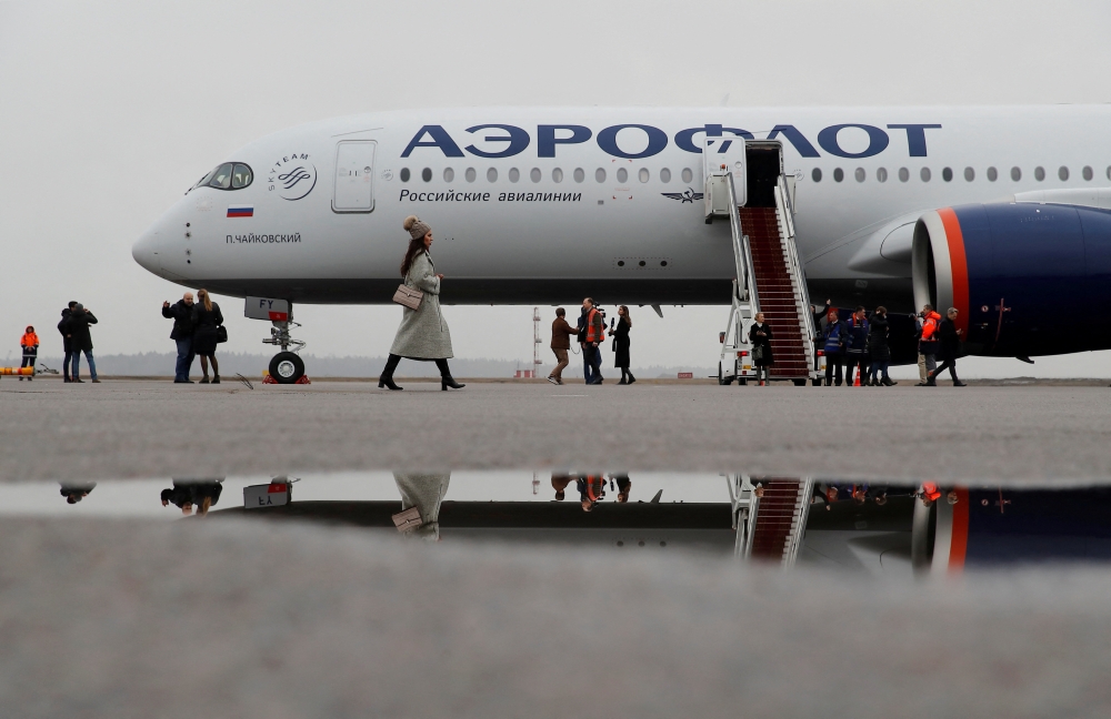 A view shows the first Airbus A350-900 aircraft of Russia's flagship airline Aeroflot during a media presentation at Sheremetyevo International Airport outside Moscow, Russia, on March 4, 2020. File Photo / Reuters
