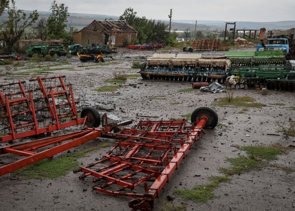 Agricultural machinery destroyed by Russian shelling are seen, as Russia's attack on Ukraine continues, in the village of Dolyna, Ukraine, on September 23, 2022. REUTERS/Gleb Garanich