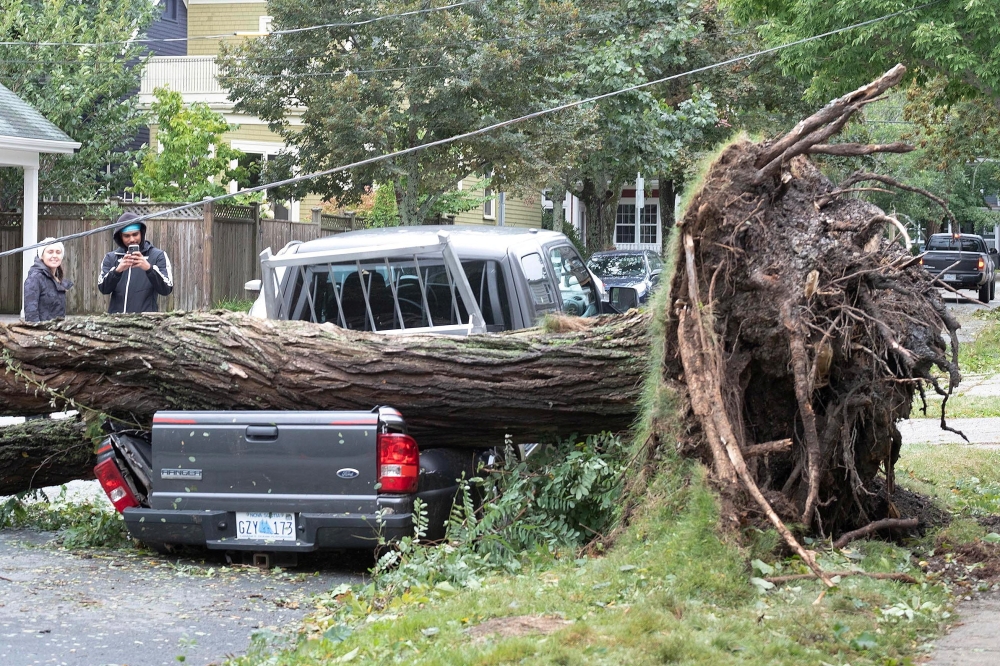 A fallen tree lies on a crushed pickup truck following the passing of Hurricane Fiona, later downgraded to a post-tropical storm, in Halifax, Nova Scotia, Canada September 24, 2022. Reuters/Ted Pritchard