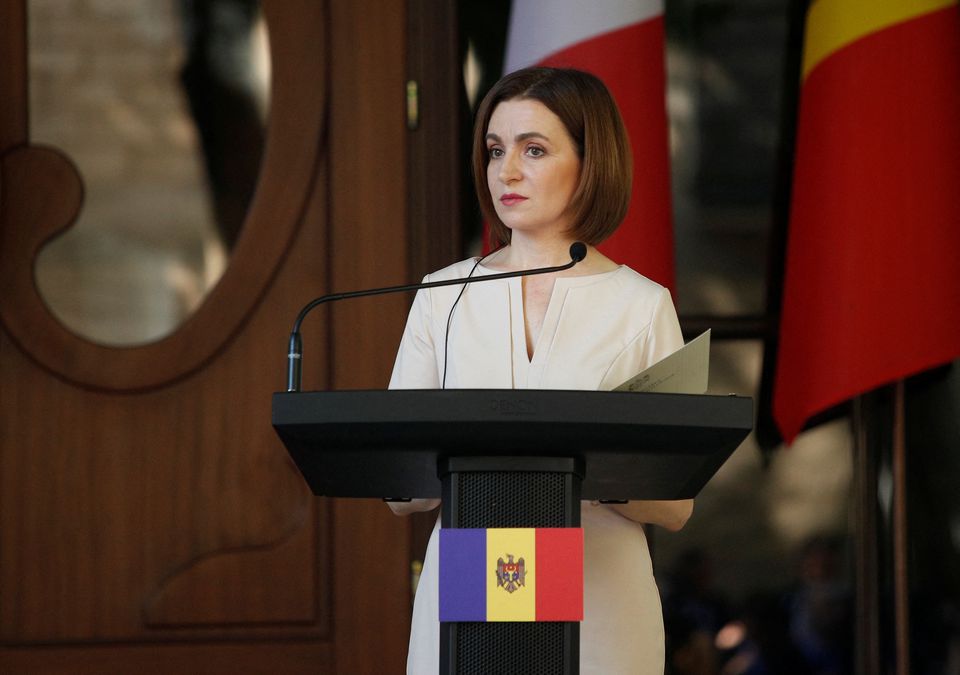 Moldovan President Maia Sandu gives a statement during a visit from French President Emmanuel Macron (not pictured) following their meeting in Chisinau, Moldova, on June 15, 2022. File Photo / Reuters