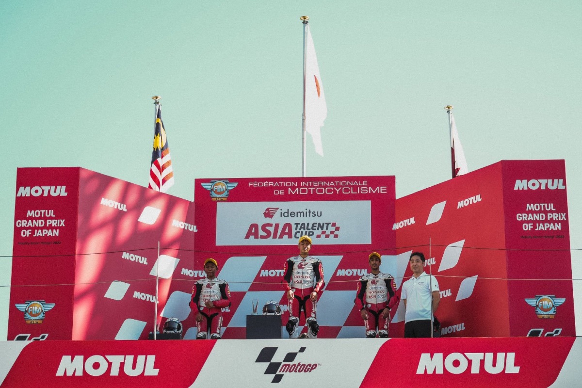 Qatari rider Hamad Al Sahouti with other podium winners Shinya Ezawa and Hakim Danish.