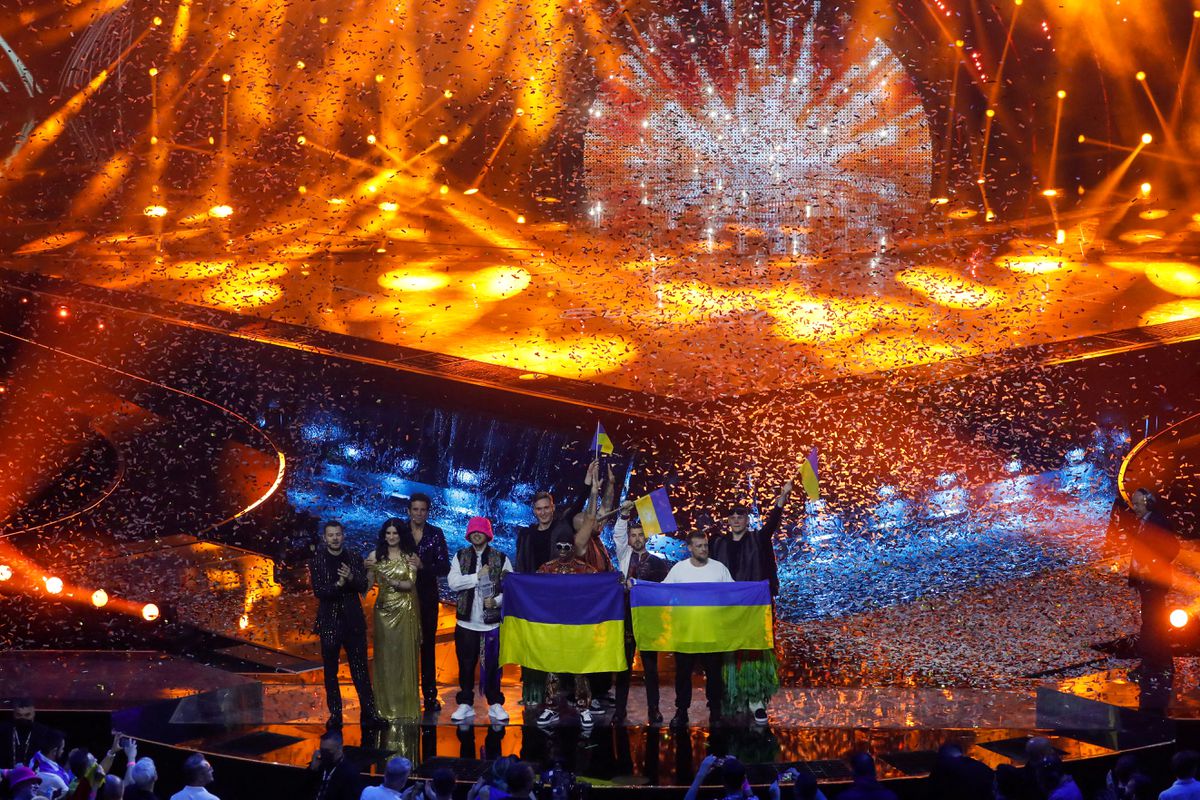 Kalush Orchestra from Ukraine appear on stage after winning the 2022 Eurovision Song Contest in Turin, Italy, May 15, 2022. (REUTERS/Yara Nardi)