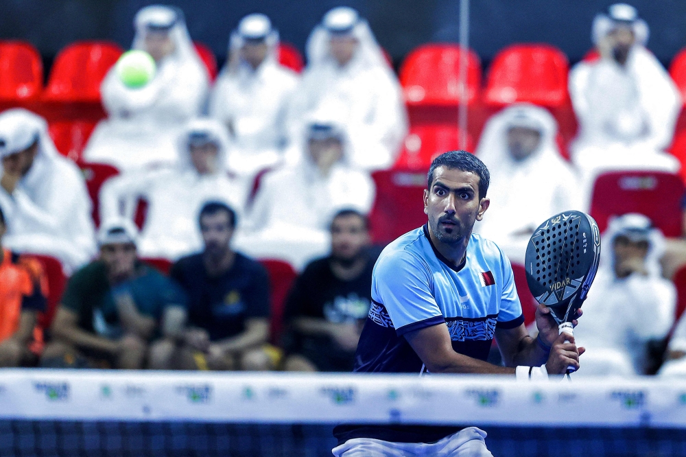 Mohammed Saadon al-Kuwari of Qatar competes in a padel match during the Doha 2022 Men's Gulf Padel Cup championship on June 19, 2022. Photo by Karim Jaafar / AFP