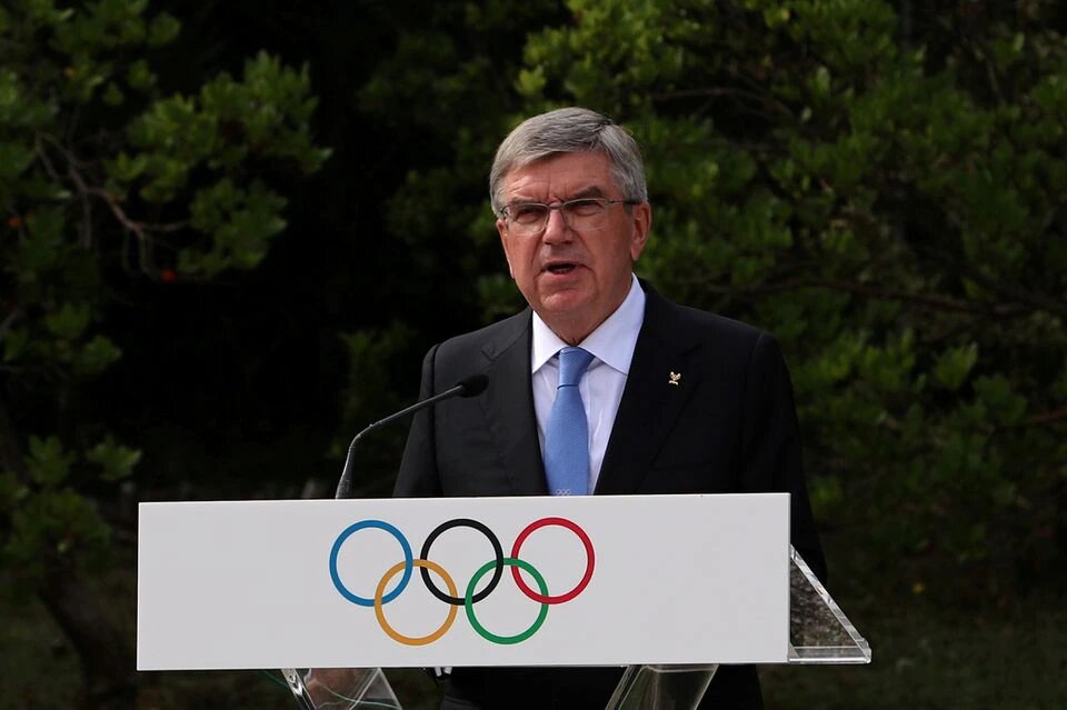 President of the International Olympic Committee (IOC) Thomas Bach delivers a speech at the Pierre de Coubertin monument, where the founder of the IOC's heart is buried, during a ceremony for the 100-year anniversary of the creation of the IOC Executive Board, in Ancient Olympia, Greece, October 17, 2021. File Photo / Reuters