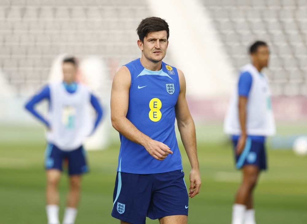 England's Harry Maguire during a FIFA World Cup Qatar 2022 training at Al Wakrah SC Stadium, Al Wakrah, Qatar, on December 7, 2022. REUTERS/Peter Cziborra