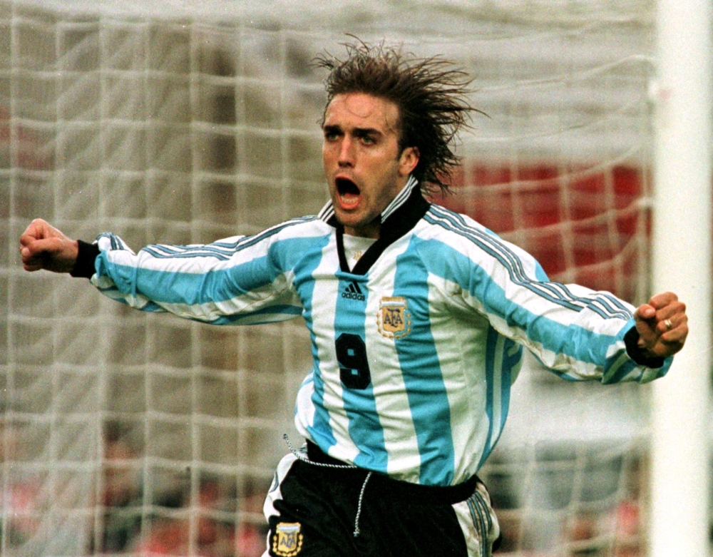 File photo: Argentine striker Gabriel Batistuta celebrates after scoring against South Africa during a friendly match. (Reuters)