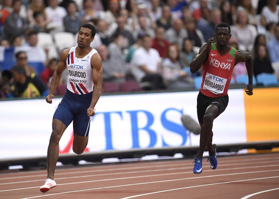 Kenya's Mark Otieno Odhiambo (right) and Jonathan Quarcoo of Norway in action during the men's 200 metres heats of the 2017 World Athletics Championships in London on August 7, 2017.  File Photo / Reutes