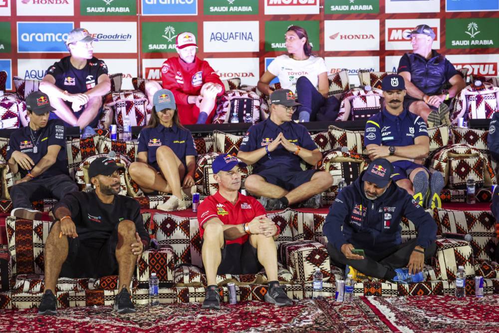 Qatar's Nasser Al Attiyah (front row, right), his navigator Mathieu Baumel (FRA), with other drivers and riders during a press conference ahead of Dakar 2023 at Sea Camp near Yanbu, Saudi Arabia. Pic: Dakar.com/DPPI