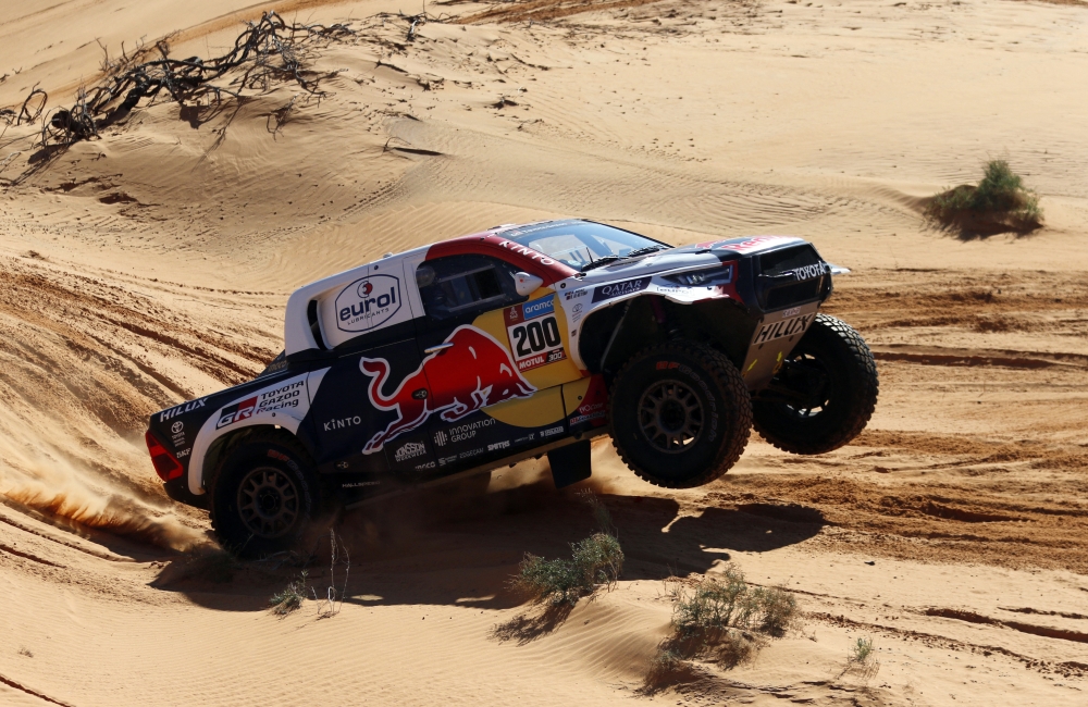 Toyota Gazoo Racing's Nasser Al-Attiyah and co-driver Mathiu Baumel in action during stage 5 of the Dakar Rally from Ha'il to Ha'il in Saudi Arabia on January 5, 2023.  REUTERS/Hamad I Mohammed