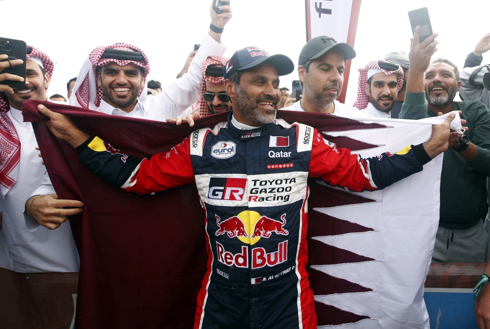 Toyota Gazoo Racing's Nasser Al-Attiyah celebrates his victory after winning the Dakar Rally 2023. (Reuters /Hamad I Mohammed)