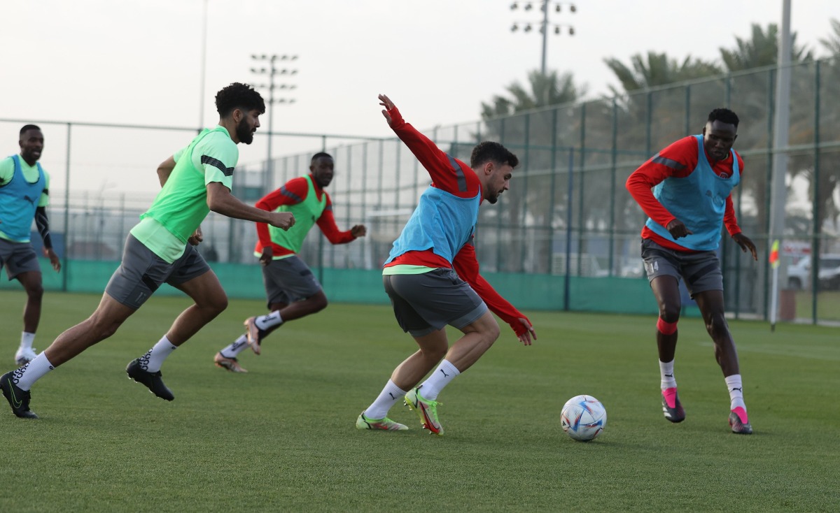 Al Duhail players in action during a training session, yesterday.