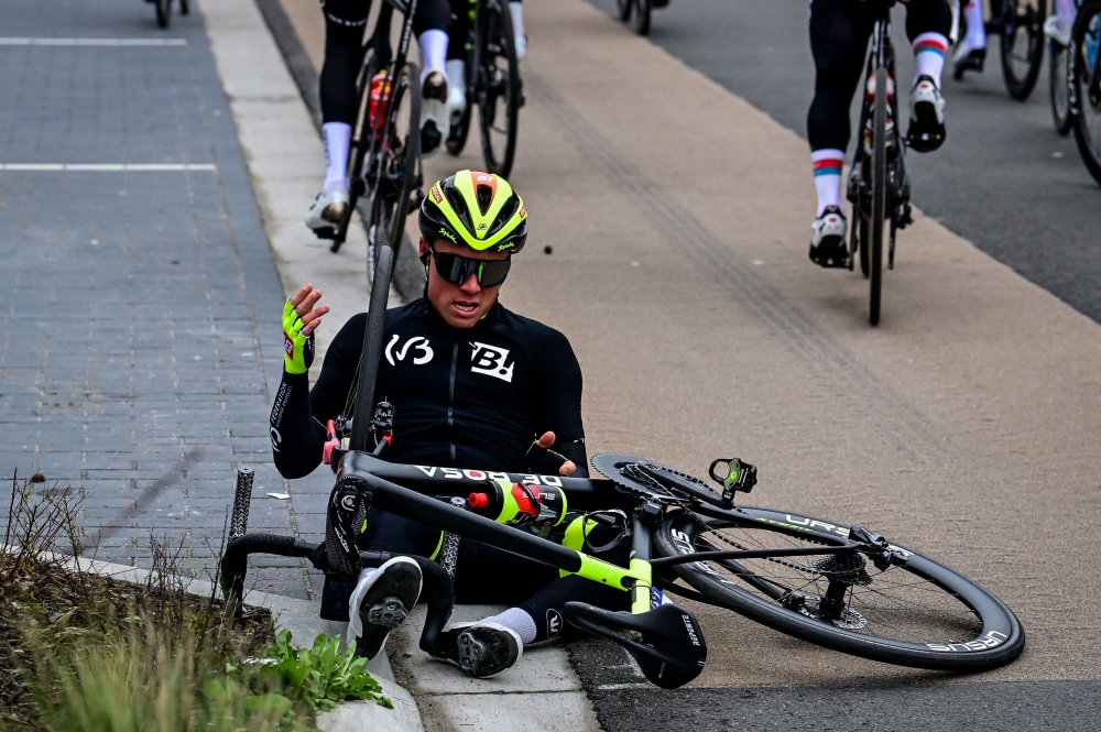 Belgium's Dimitri Peyskens of Bingoal WB reacts after a fall during the men's Tour of Flanders one day cycling event, 273,4km from Bruges to Oudenaarde, on April 2, 2023. Photo by DIRK WAEM / Belga / AFP