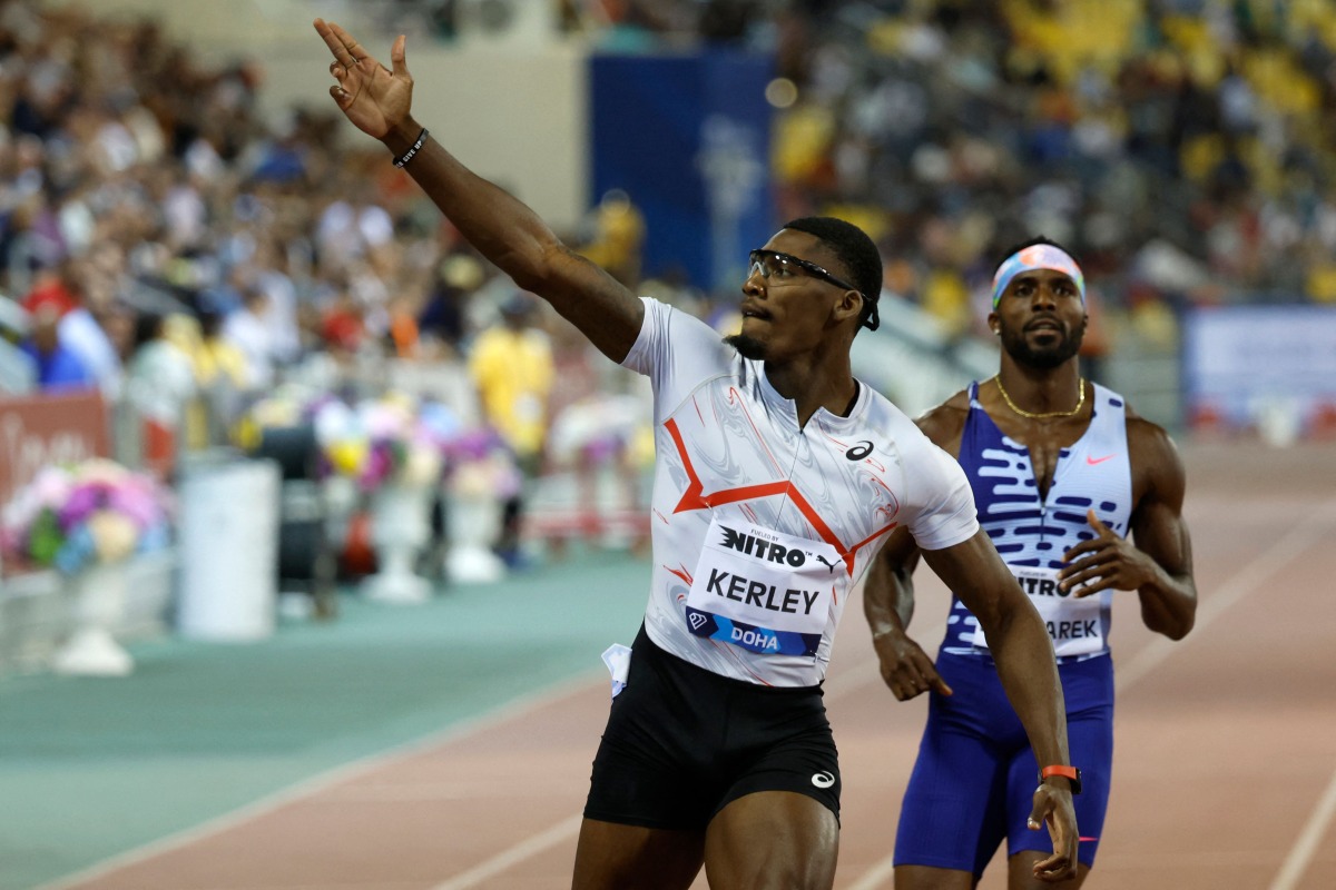 USA’s Fred Kerley celebrates after winning the men’s 200m. AFP