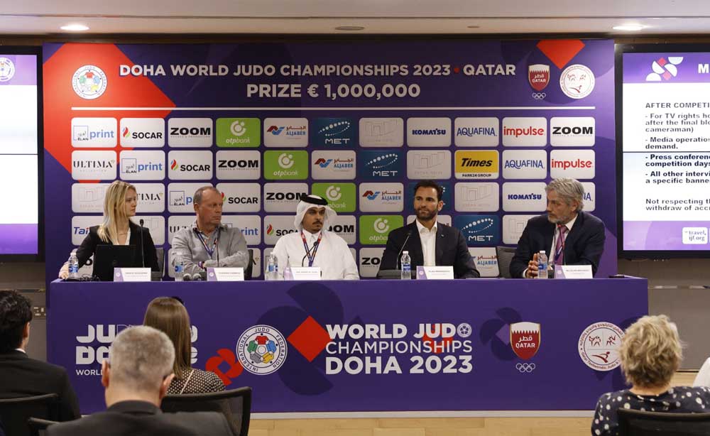 Media and Broadcasting Committee Chairman Sheikh Hamad bin Abdulaziz Al Thani (centre) and International Judo Federation's (IJF) Director General Vlad Marinescu with IJF officials during a press conference, yesterday. 