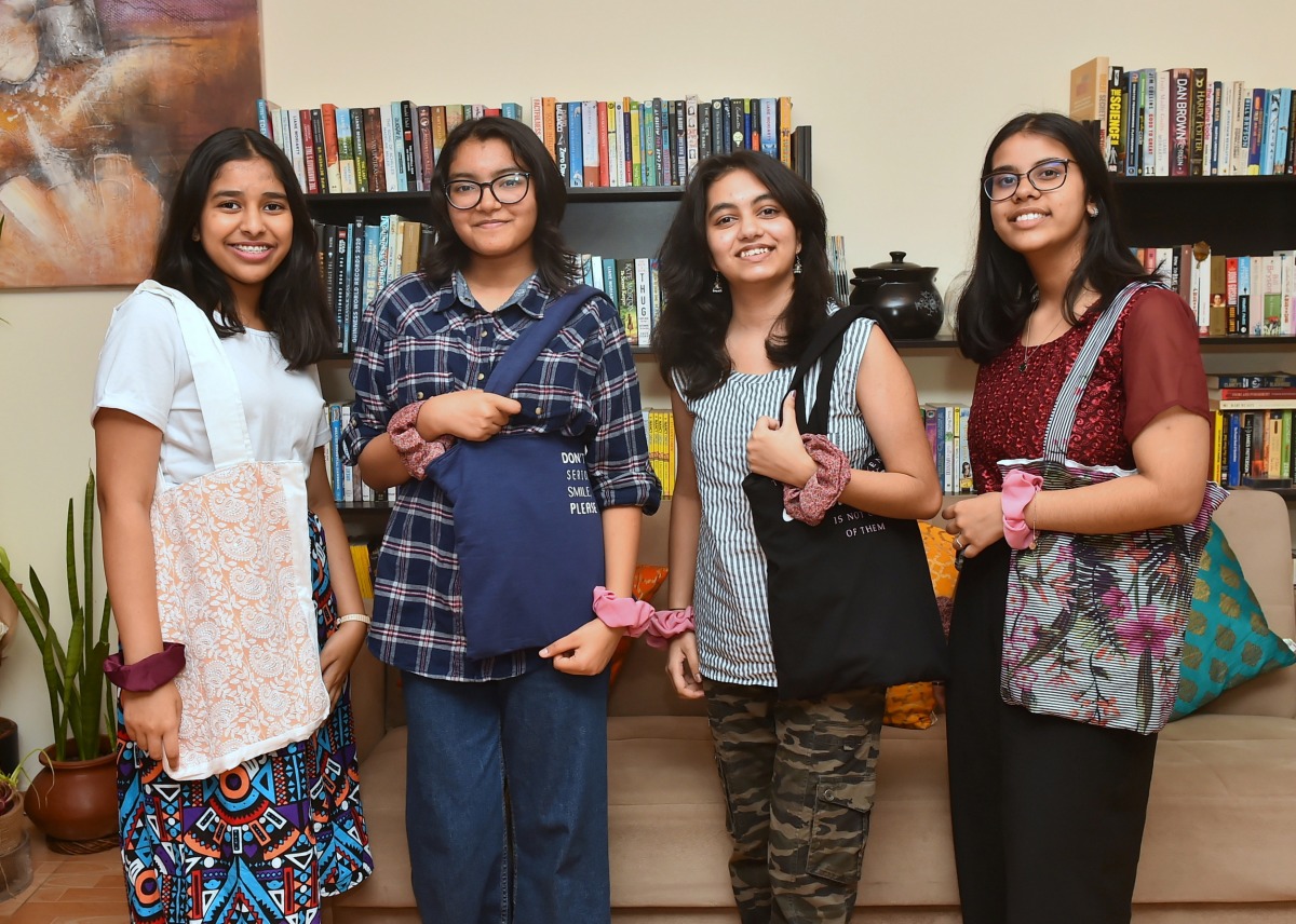 From left: Ivana Thomas, Nandini Mathur, Prashansa Oruganti and Paridhi Gaur of Project Upcycle with their products. Pic: Abdul Basit

