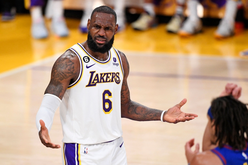 LeBron James #6 of the Los Angeles Lakers reacts to a call during the second quarter against the Denver Nuggets in game three of the Western Conference Finals at Crypto.com Arena on May 20, 2023 in Los Angeles, California. Photo by KEVORK DJANSEZIAN / GETTY IMAGES NORTH AMERICA / Getty Images via AFP