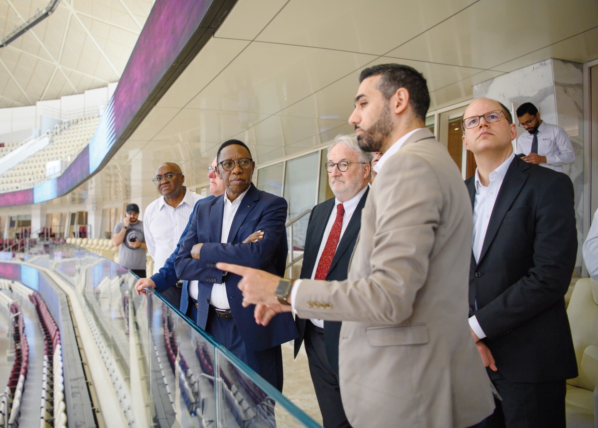 FIBA President Hamane Niang along with other officials during a venue inspection tour in Doha, yesterday.